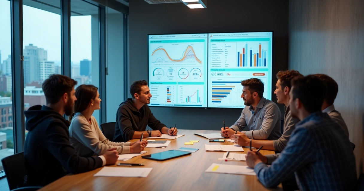 Equipe reunida discutindo feedbacks olhando gráficos na tela 