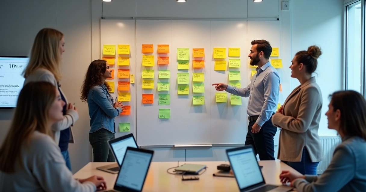 Equipe reunida analisando feedbacks de clientes em um quadro kanban na parede 