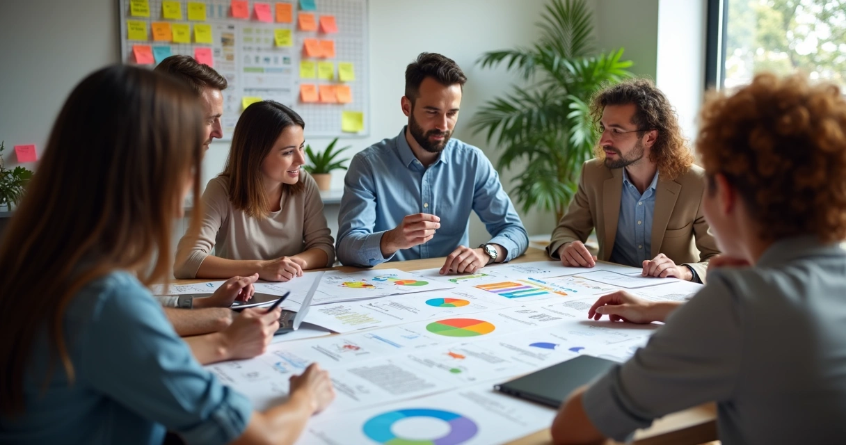 Equipe reunida analisando feedbacks de clientes
