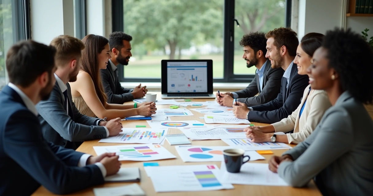 Equipe analisando relatórios de feedbacks em uma mesa de reunião