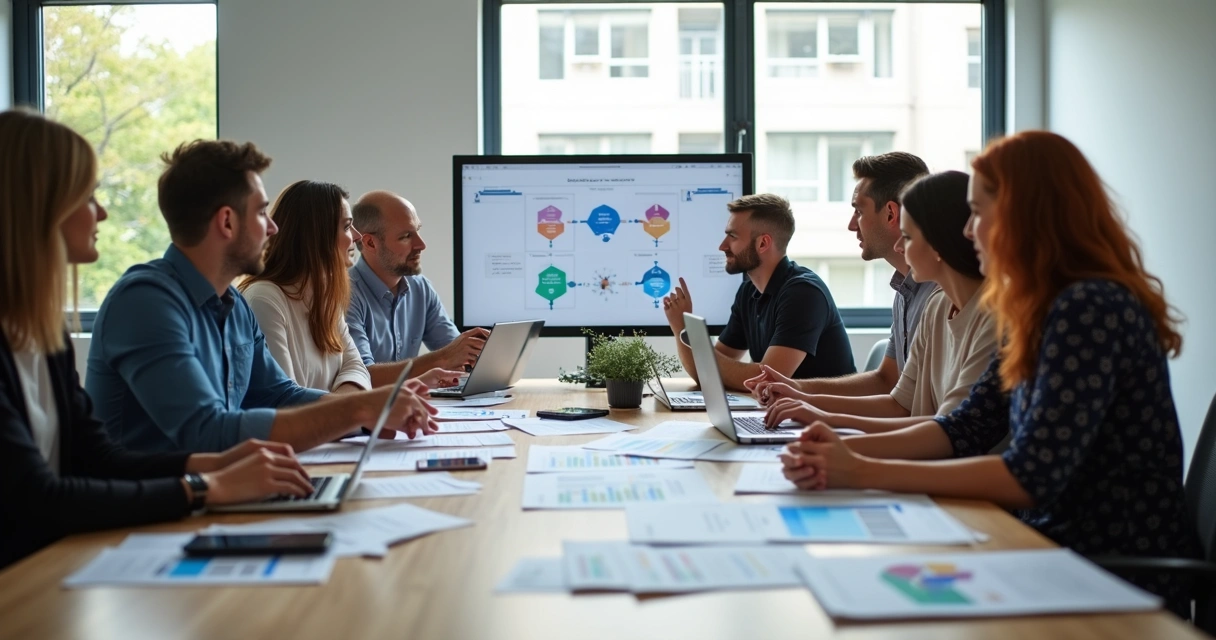 Equipe reunida analisando relatórios de feedback de clientes no escritório 