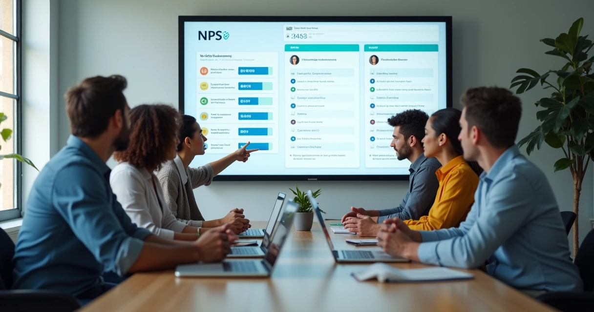 Equipe reunida, discutindo gráficos de NPS e feedbacks de clientes 