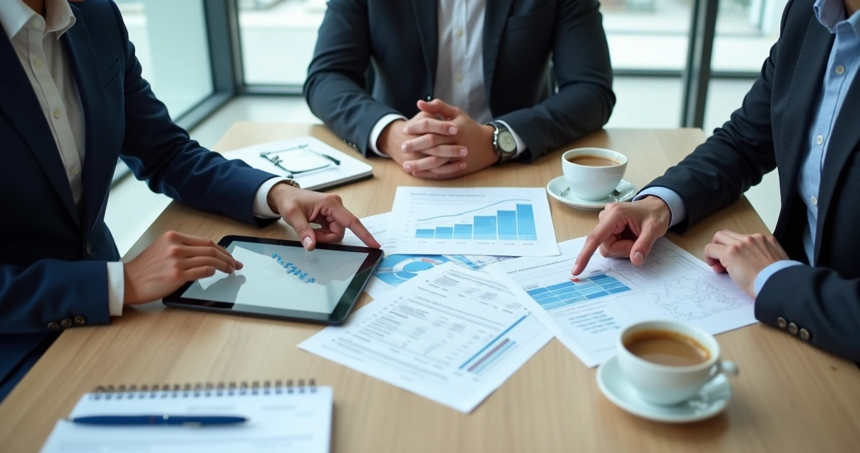 Equipe analisando relatórios financeiros e fluxo de caixa