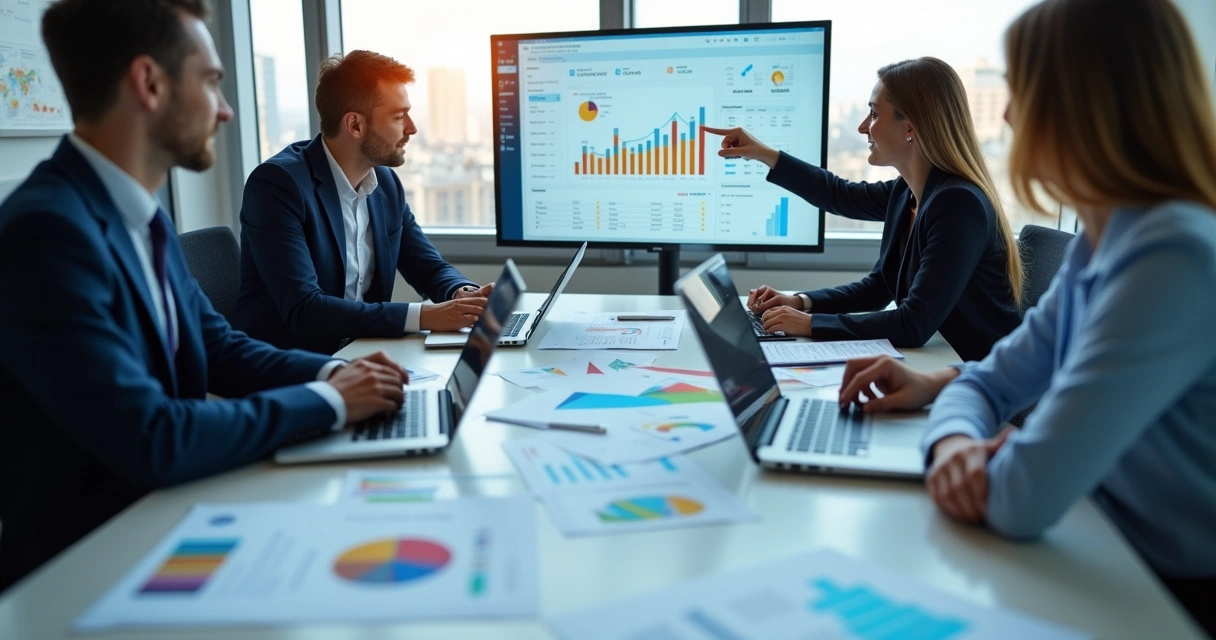 Grupo de profissionais analisando gráficos financeiros em reunião