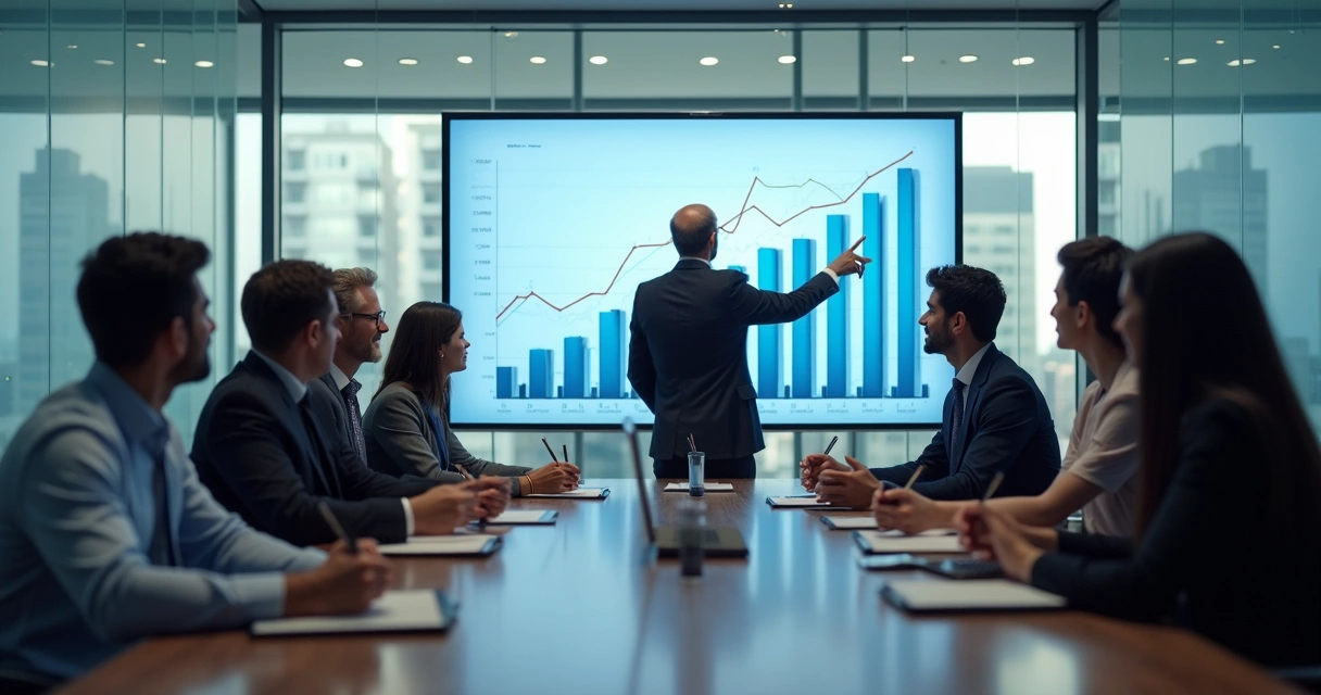 Equipe em reunião analisando gráficos financeiros em sala de reunião 