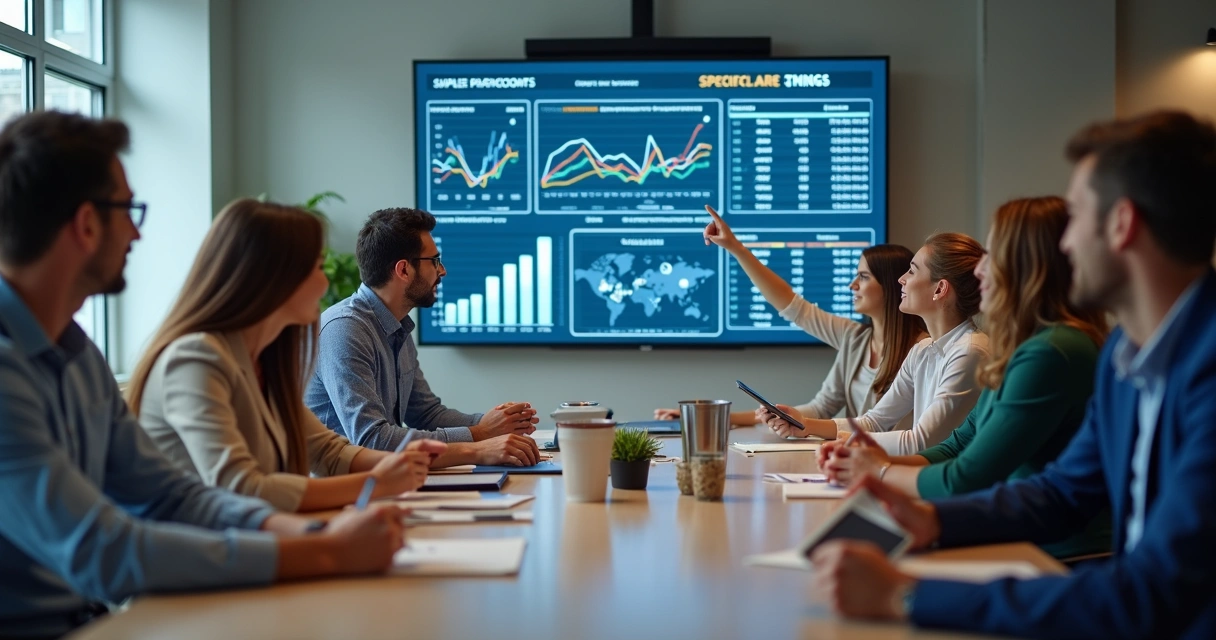 Profissionais reunidos analisando indicadores de fornecedores em tela digital 