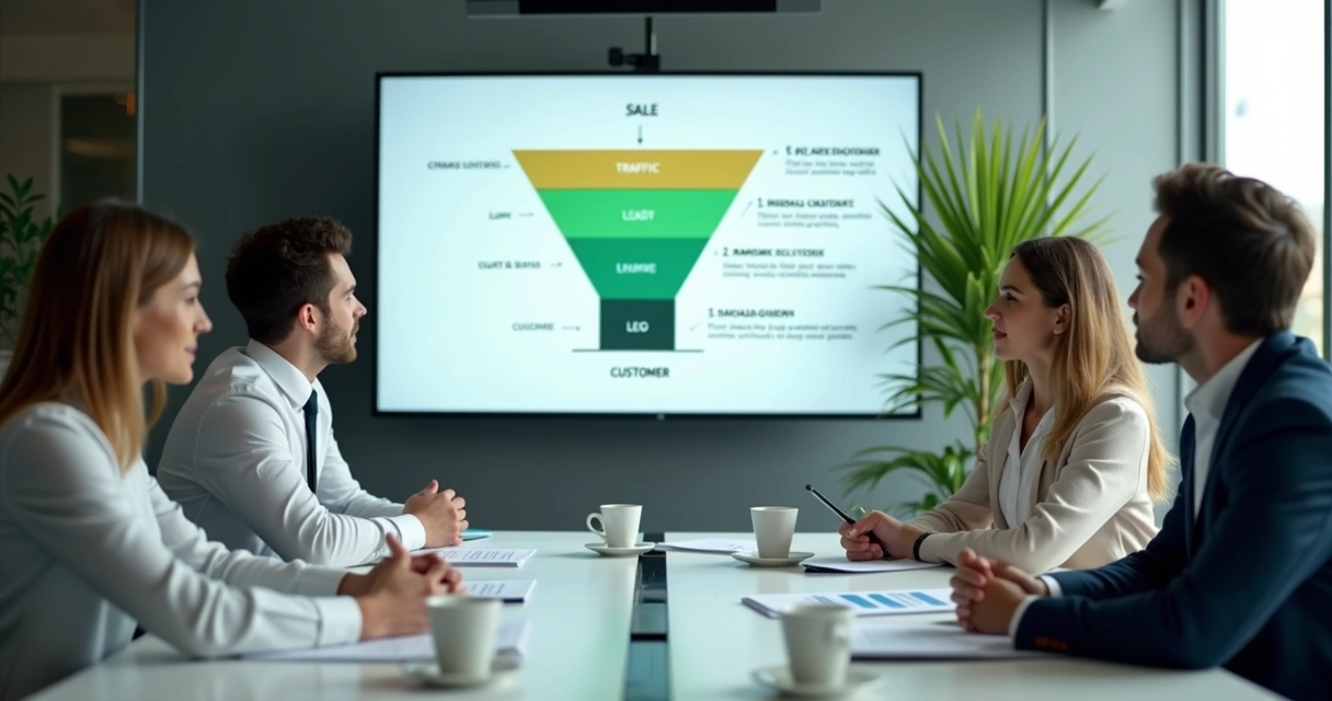 Equipe analisando funil de vendas em tela grande