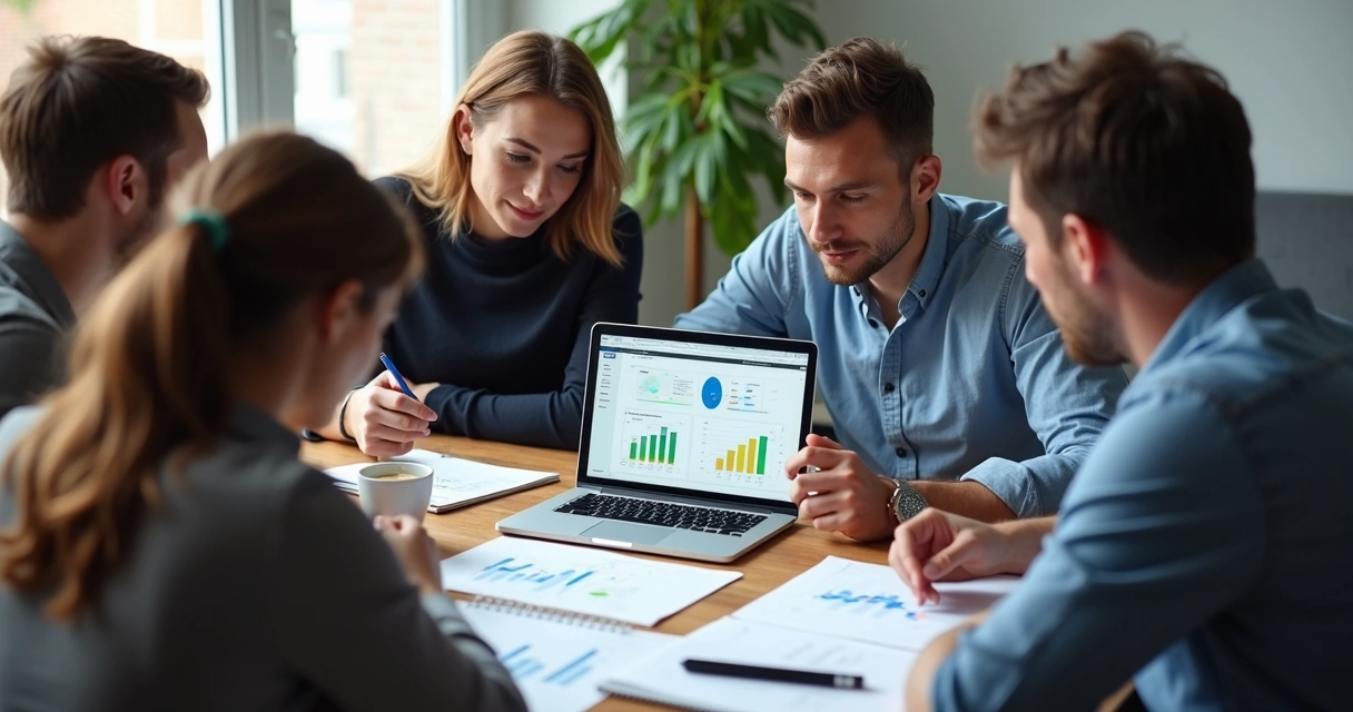 Equipe de PME analisando gráficos do funil de vendas em reunião 