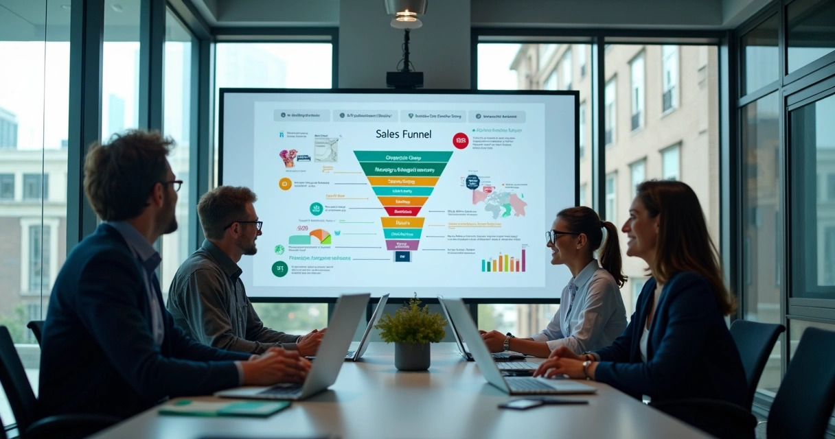 Gestor e equipe analisando funil de vendas em reunião de prospecção 
