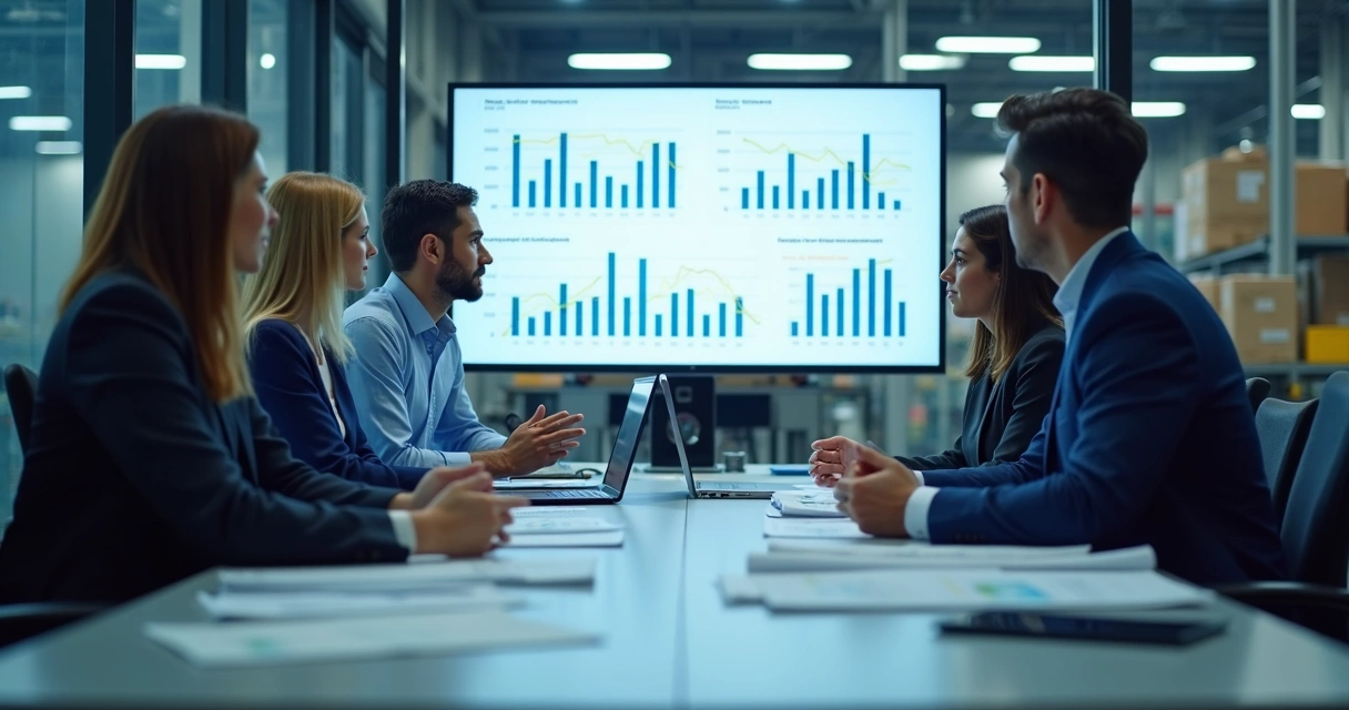 Equipe reunida analisando indicadores de produção e atendimento em tela 