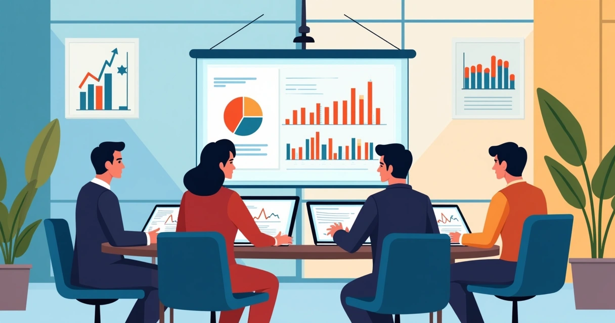 Gestores reúnem-se analisando indicadores de desempenho em relatórios digitais