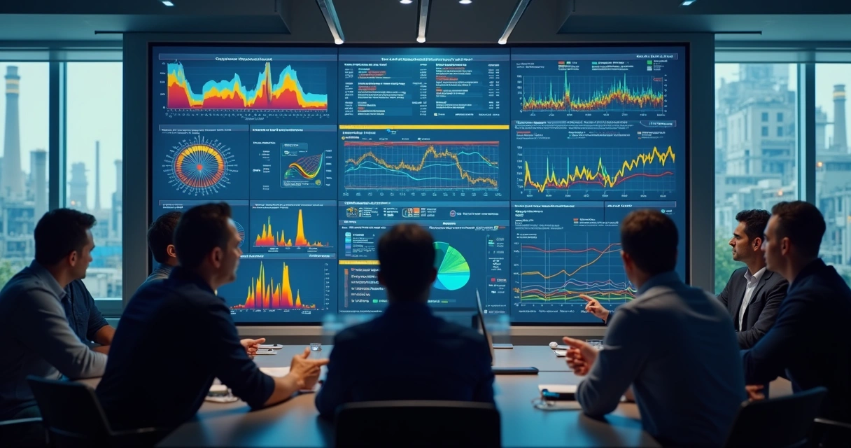 Equipe de manutenção analisando painel de indicadores em sala de reunião 