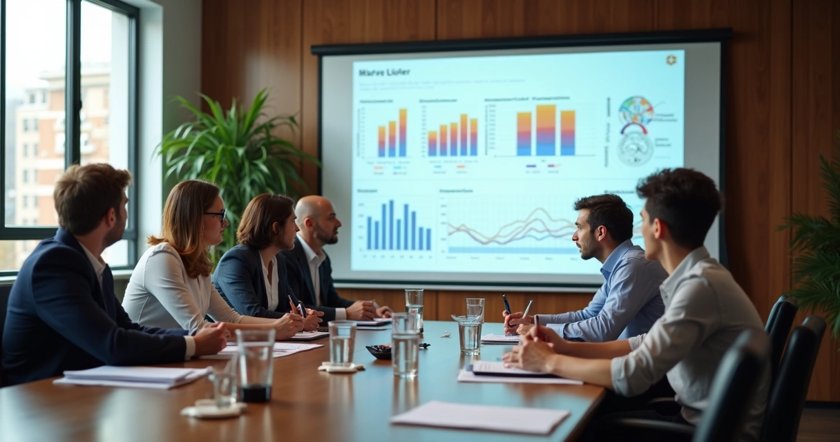 Equipe analisa KPIs em reunião 