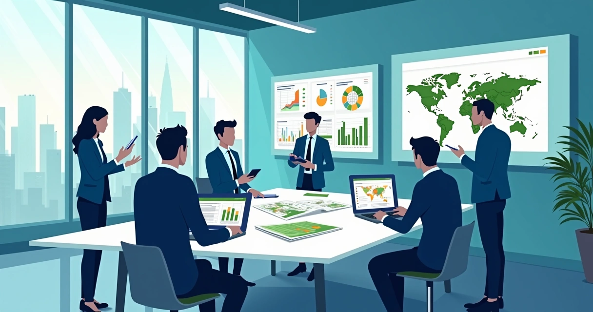 Equipe avalia relatórios de marketing político em tela com gráficos e anotações