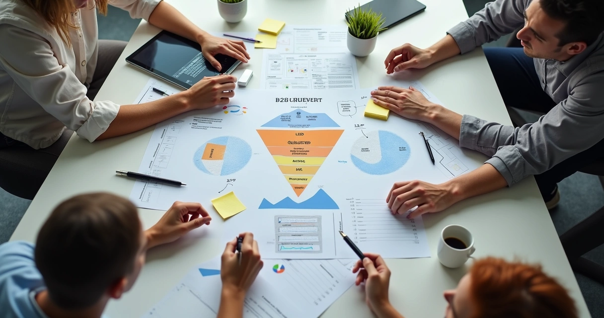 Equipe analisando leads e etapas do funil em uma mesa