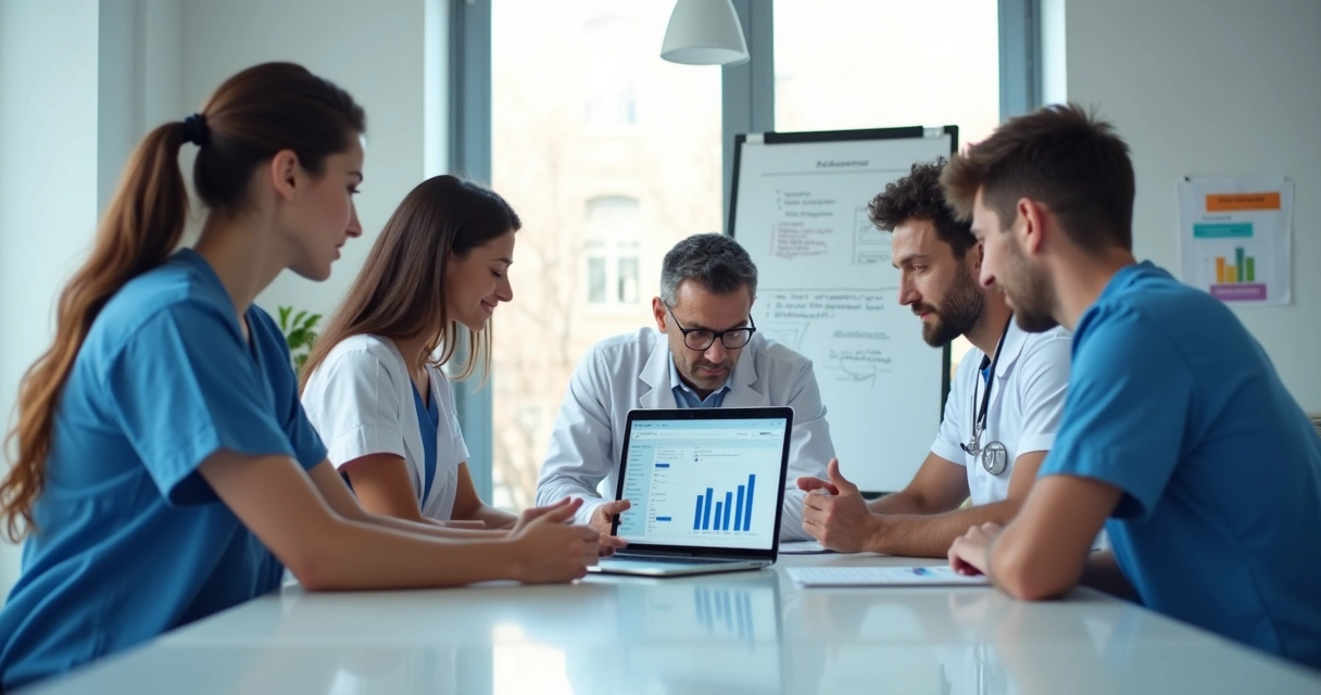 Equipe médica reunida analisando campanha de marketing digital no computador 