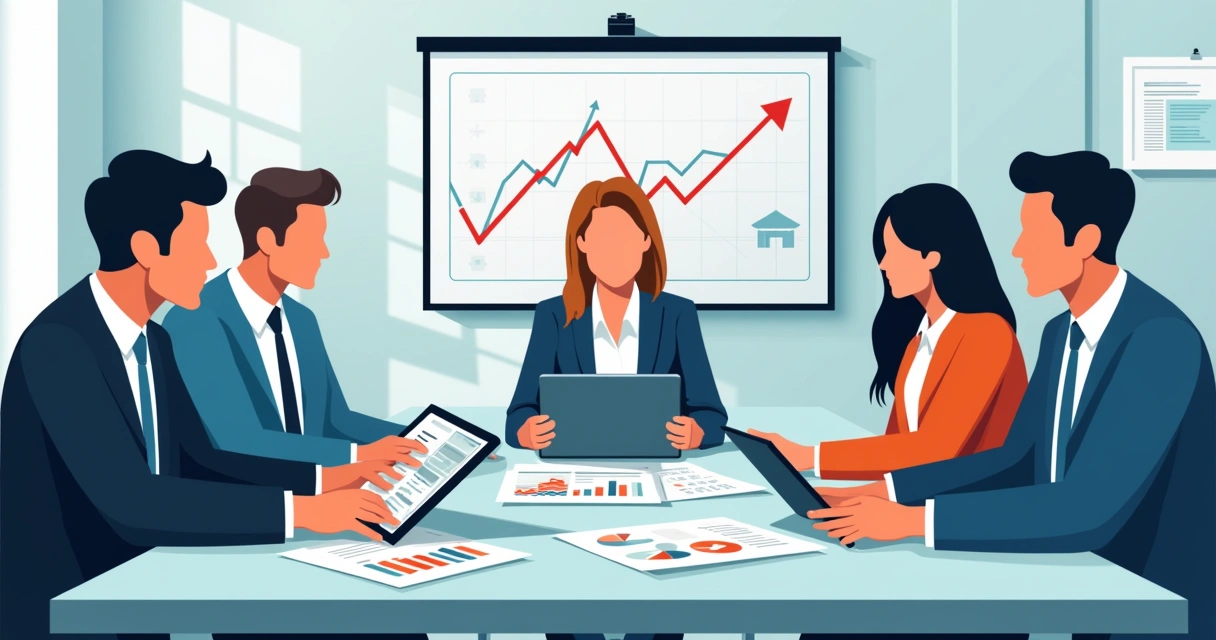 Team analyzing real estate sales graphs at an office desk. 