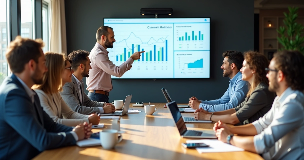 Equipe reunida analisando métricas de retenção e gráficos em uma tela 