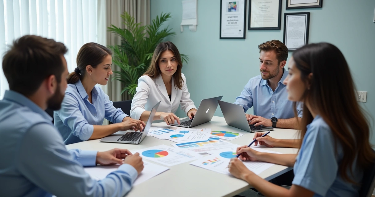 Equipe de clínica odontológica analisando métricas em reunião 