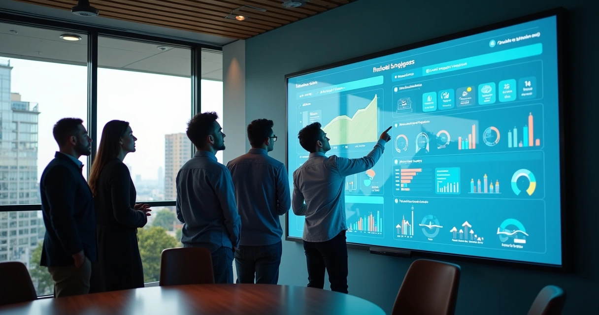 Equipe analisando métricas digitais em reunião presencial 
