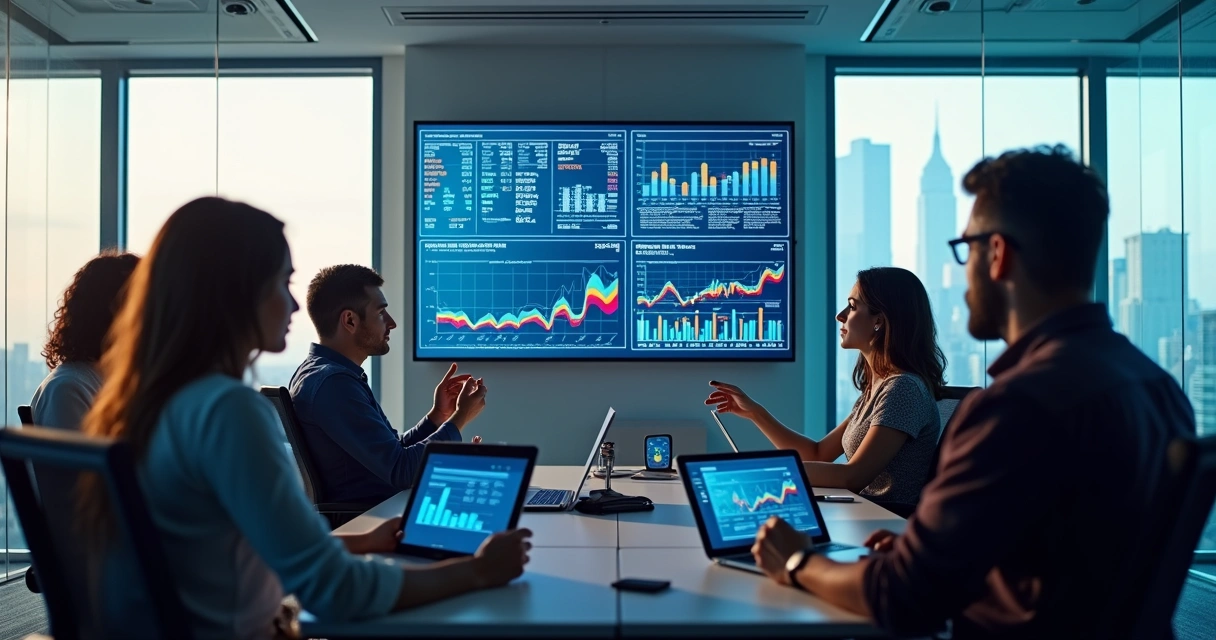 Equipe em reunião analisando gráficos em telas digitais
