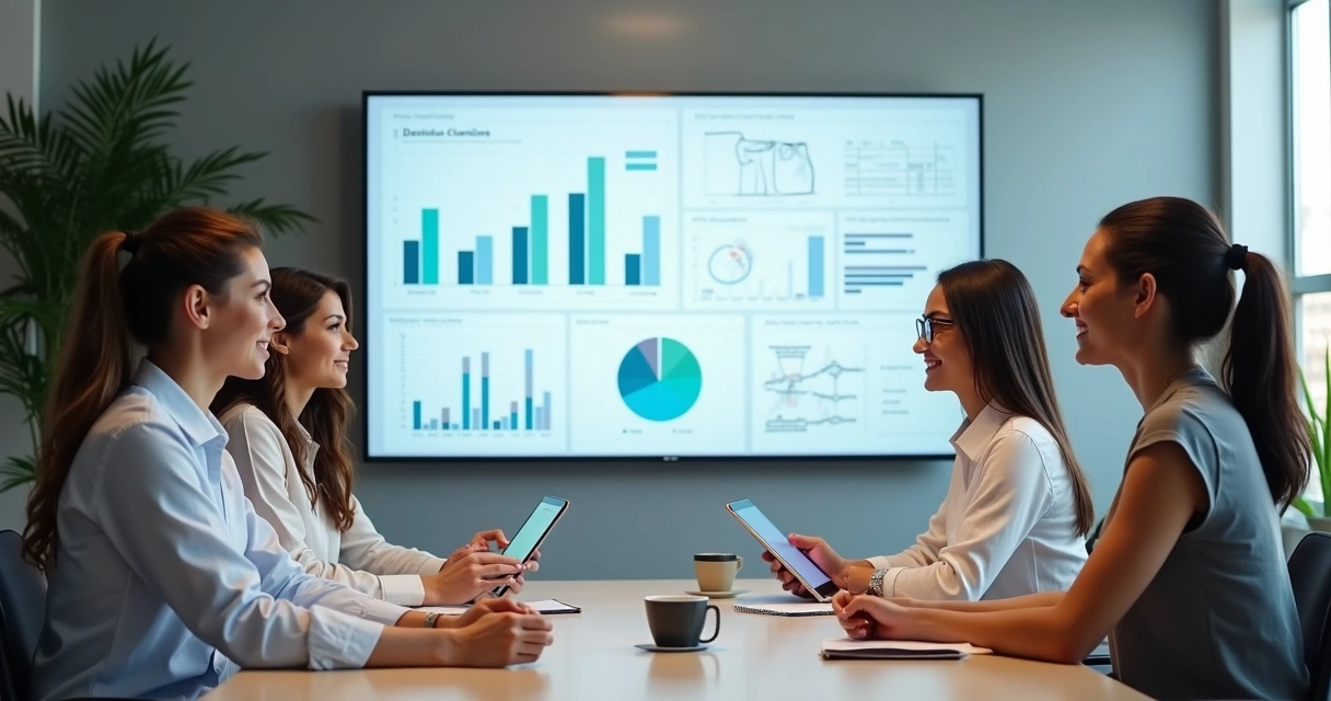 Equipe de clínica analisando métricas de marketing em reunião 