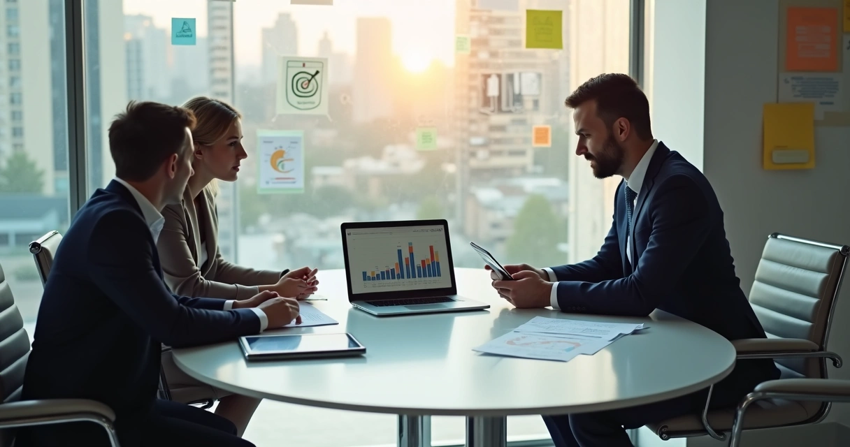 Gestores imobiliários reunidos analisando métricas comerciais