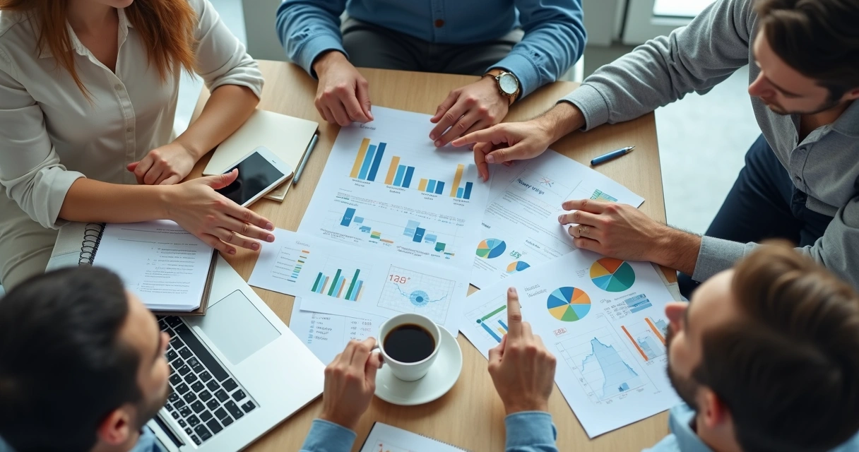 Equipe analisando gráficos e anotações em mesa de trabalho