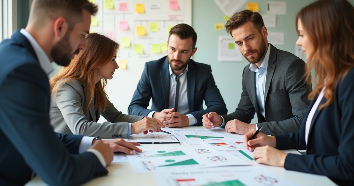 Equipe analisando resultados OKR em reunião de manhã 