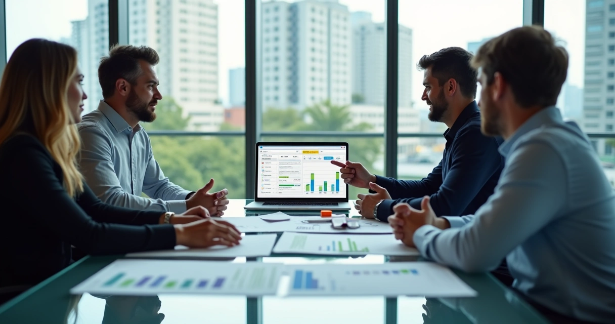 Meeting of managers analyzing CRM dashboard on a modern glass table