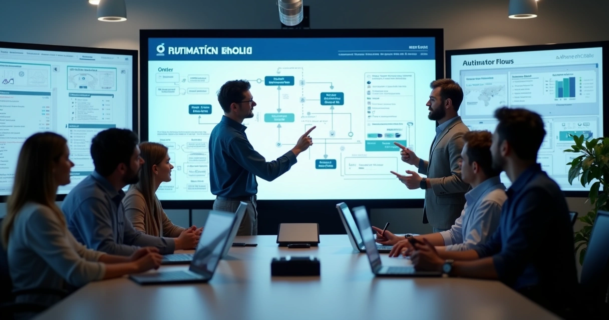 Reunião de equipe em escritório moderno analisando fluxos em telas grandes de computador 