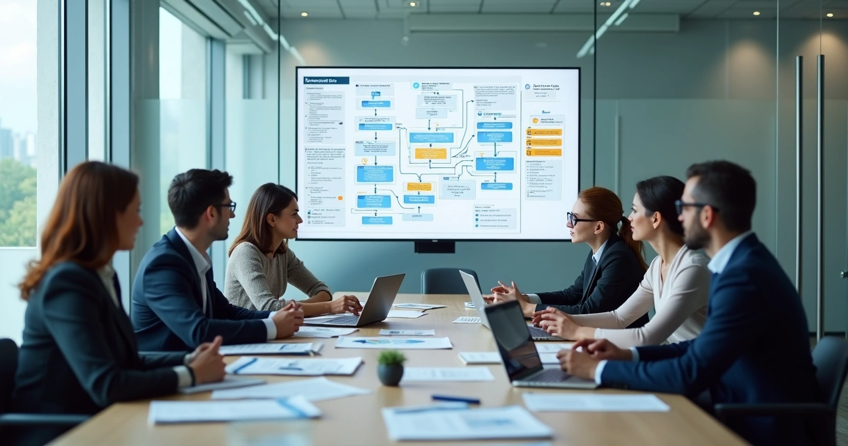 Equipe analisando fluxo de processos em reunião 
