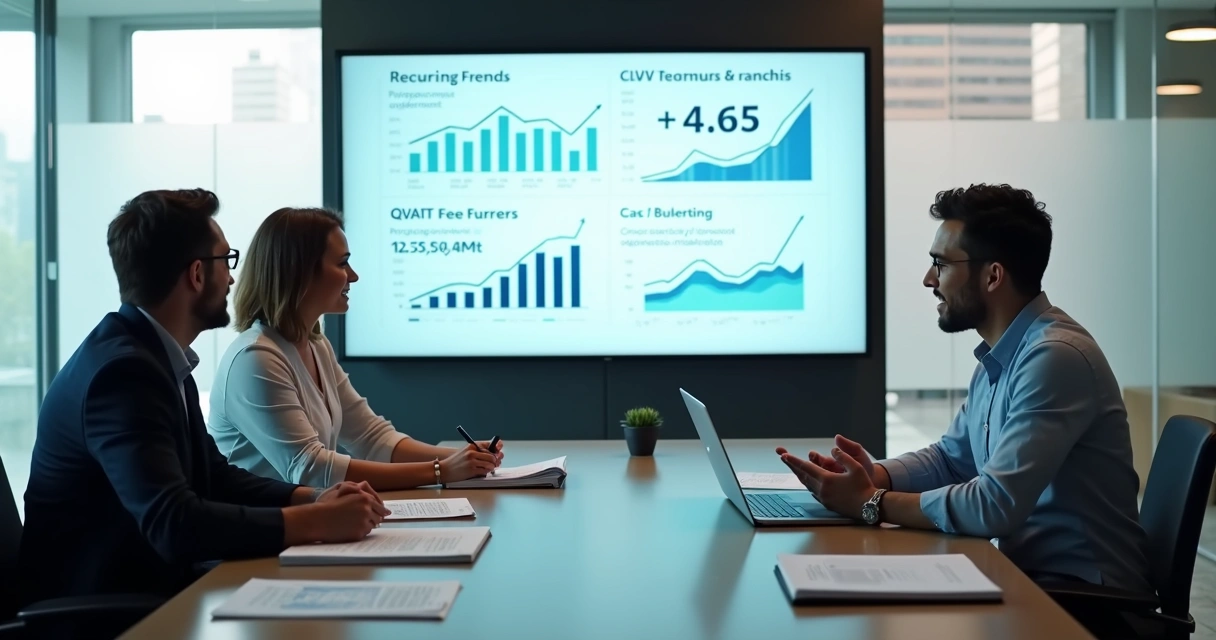 Equipe analisando receita recorrente e retenção em tela grande