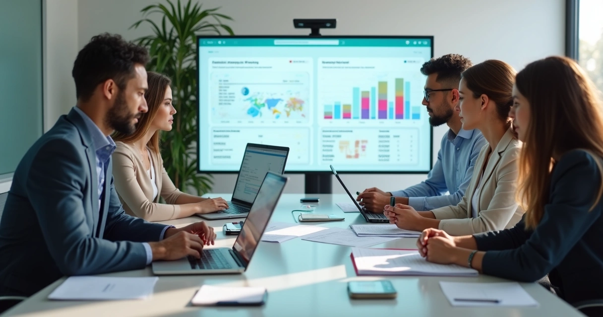 Equipe analisa relatório impresso em mesa de reunião moderna 