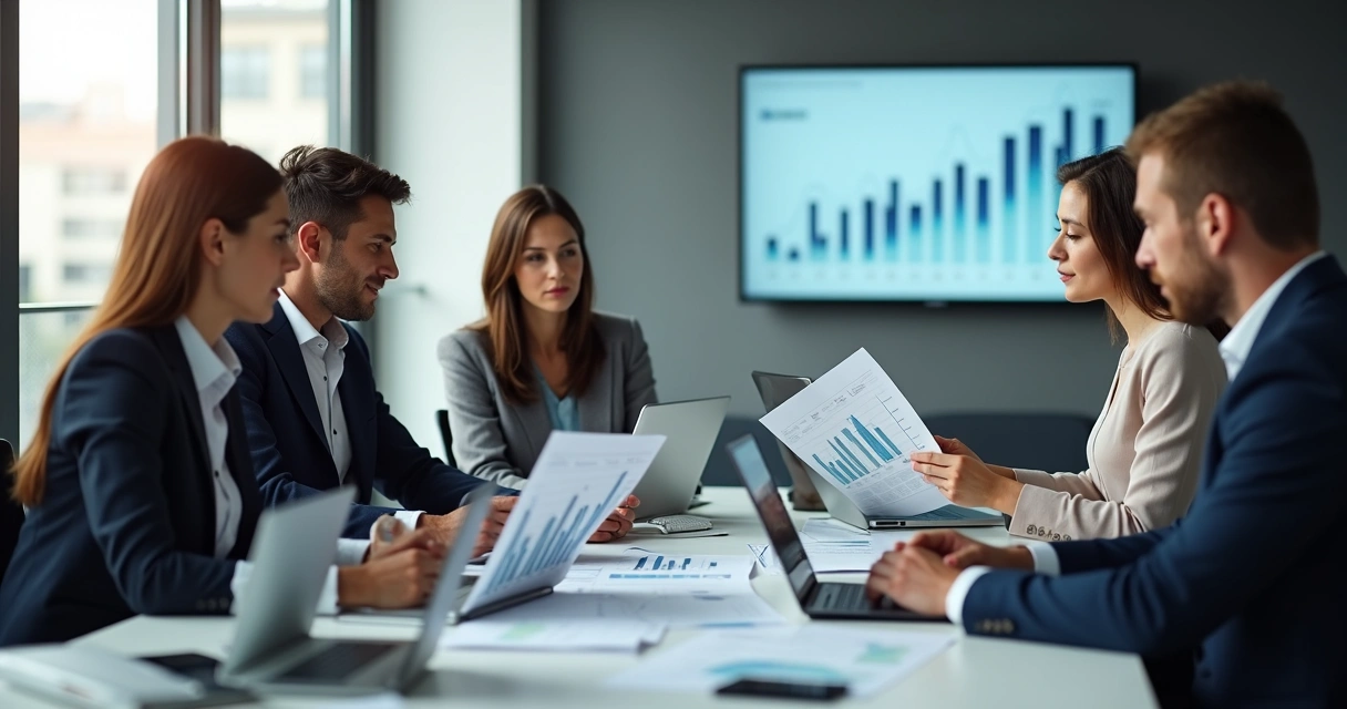 Reunião empresarial analisando relatório detalhado com gráficos impressos e laptops. 