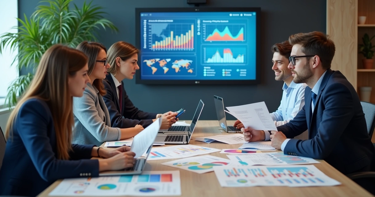 Equipe analisando relatórios em reunião de negócios.