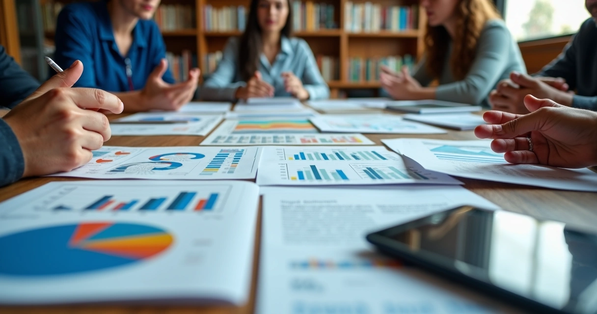 Mesa de reunião com relatórios, gráficos e tablets exibindo políticas públicas 