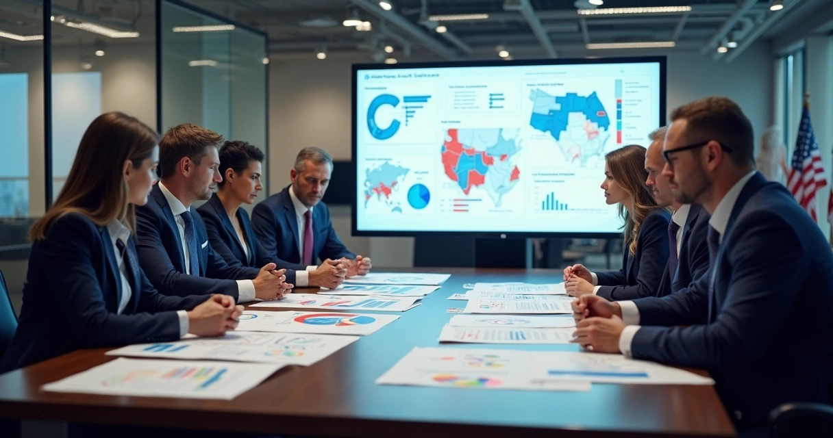 Equipe analisando relatórios e gráficos políticos em uma reunião, telas com gráficos, papéis coloridos 