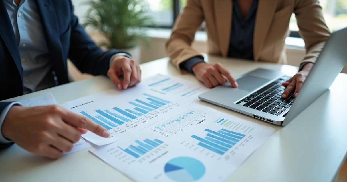Reunião de análise de resultados com gráficos impressos e notebook 