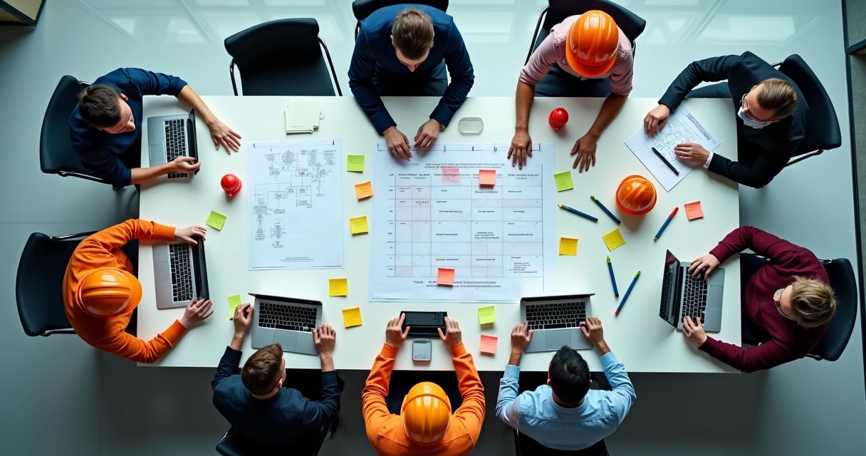 Equipe analisa matriz de risco em sala de reunião 
