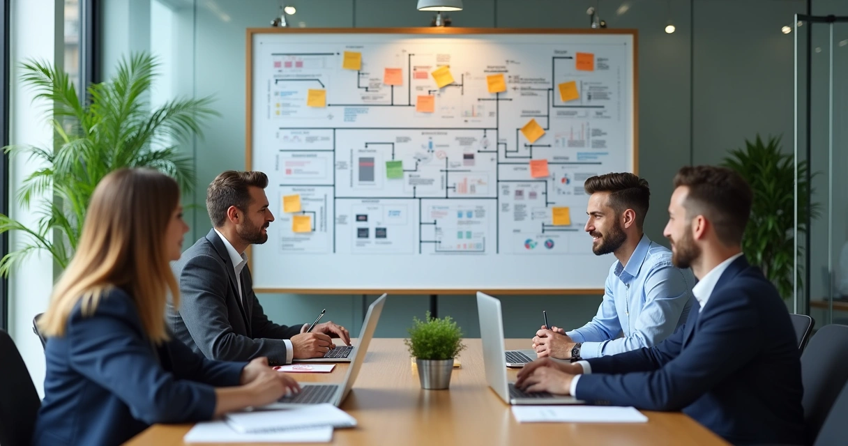 Equipe em reunião analisando conexões organizacionais em painel 