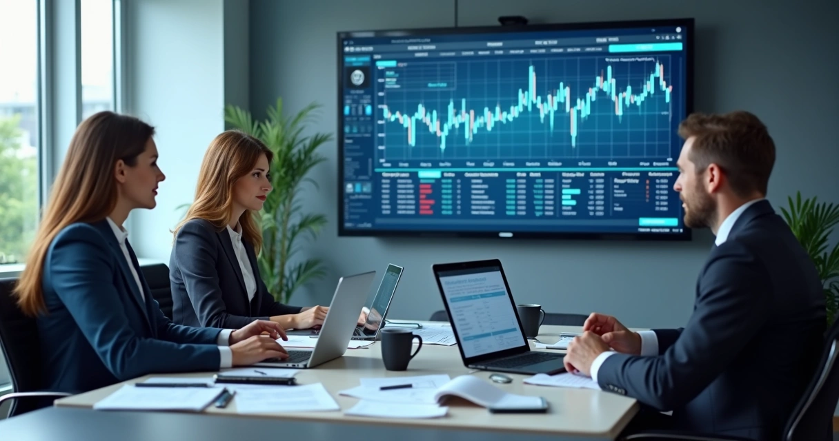 Equipe analisando dados societários em reunião B2B 