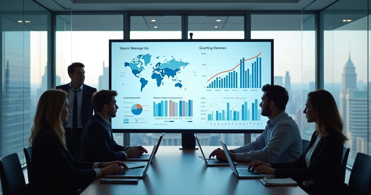 Equipe avaliando métricas de startup em tela grande 