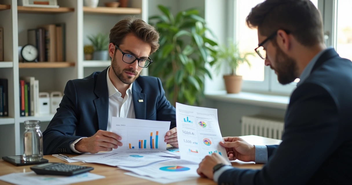 Profissional da contabilidade com cliente analisando relatórios de tributos em reunião.