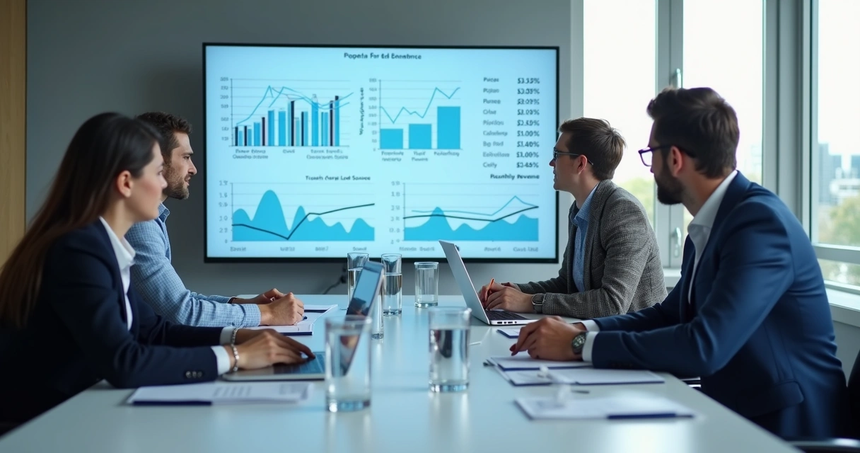 Equipe em reunião analisando métricas de vendas em tela grande