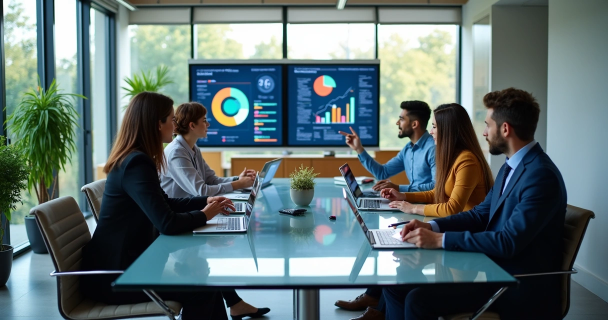 Equipe empresarial em reunião analisando gráficos e dados em telas grandes 