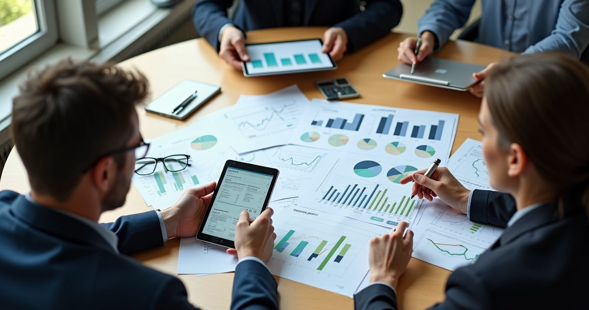 Equipe de analistas reunida em mesa redonda discutindo investimentos