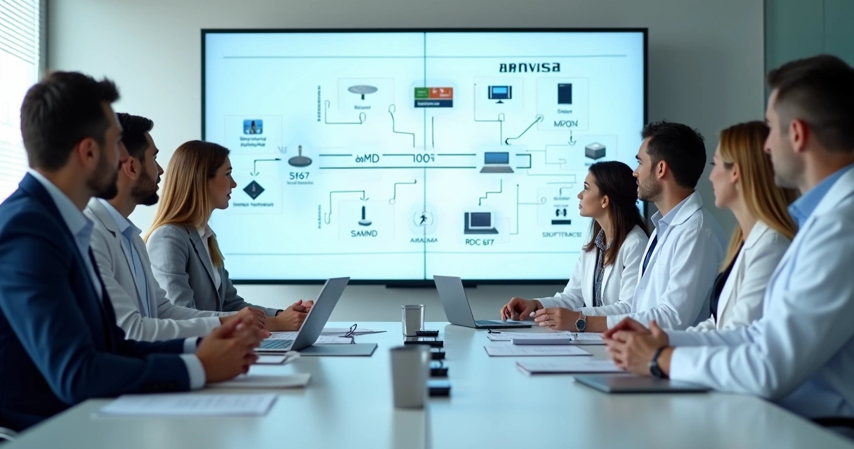 Profissionais discutindo regulamentação de softwares médicos em reunião 