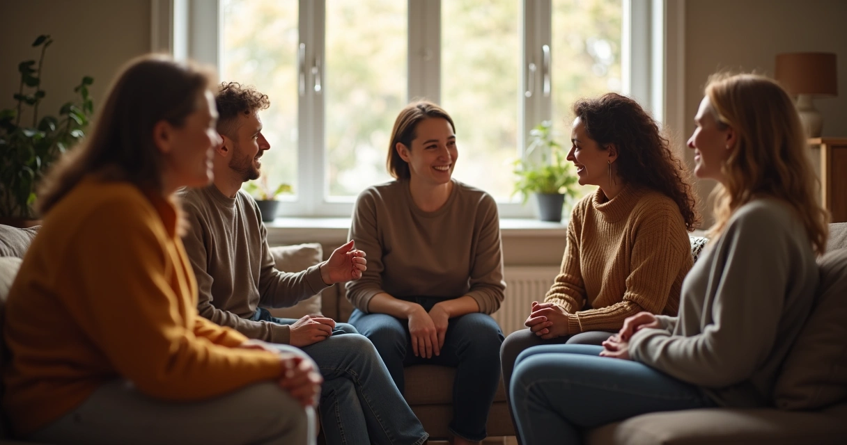 Grupo de pessoas sentadas em roda, conversando e se apoiando 