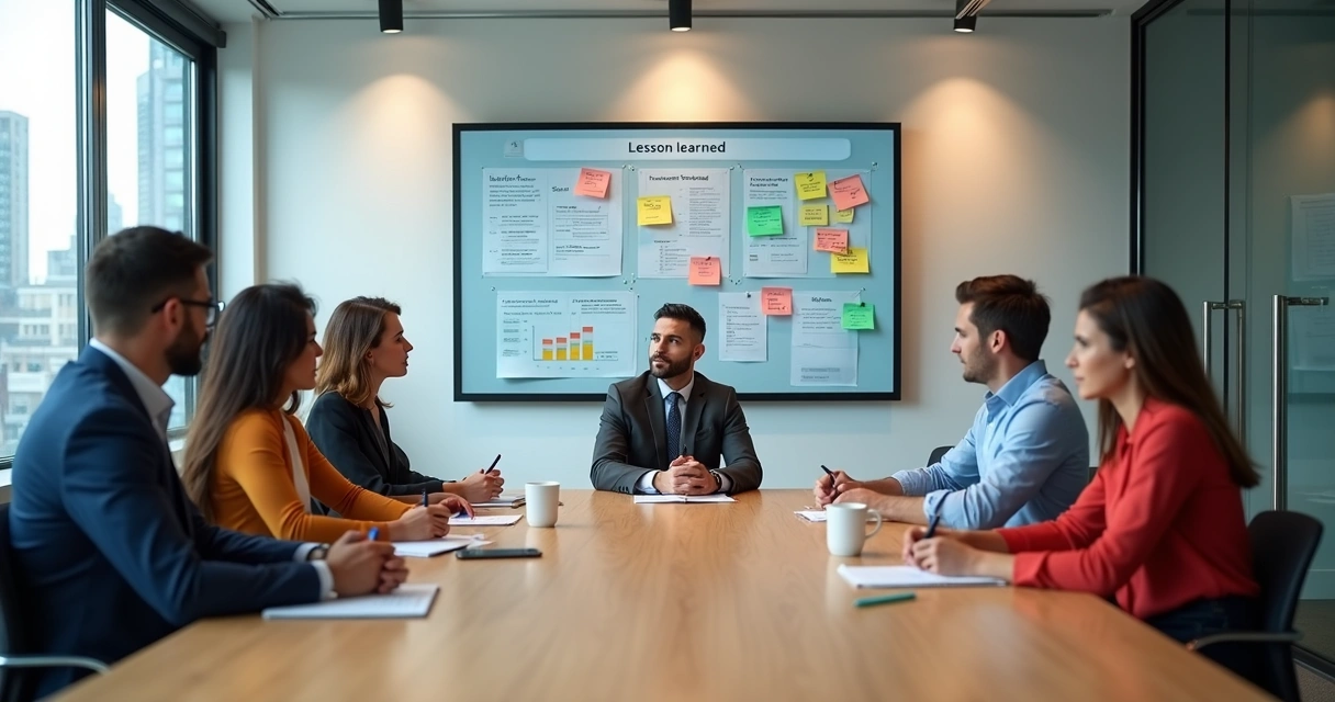 Equipe reunida analisando resultados em painel